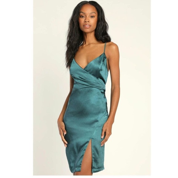 NWT Lulus Hot Night Out Teal Green Satin Surplice Faux Wrap Dress size Medium - Picture 1 of 8